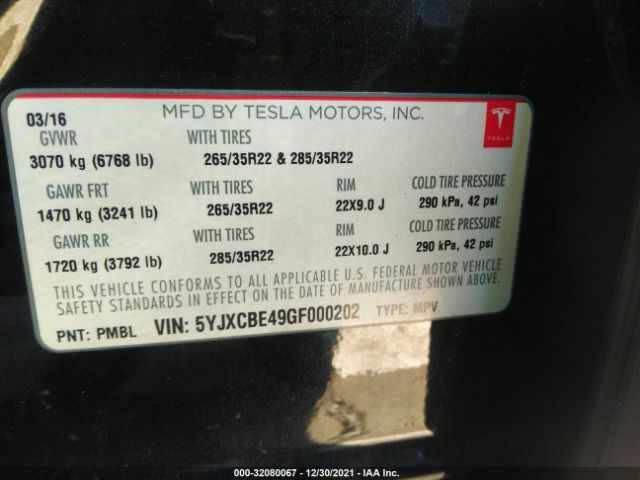 Photo 8 VIN: 5YJXCBE49GF000202 - TESLA MODEL X 