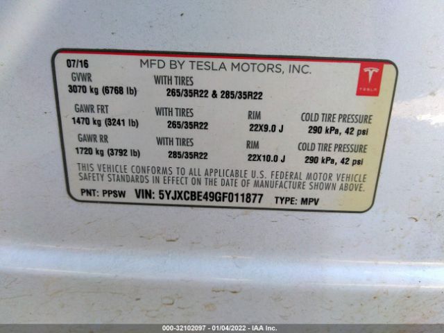 Photo 8 VIN: 5YJXCBE49GF011877 - TESLA MODEL X 