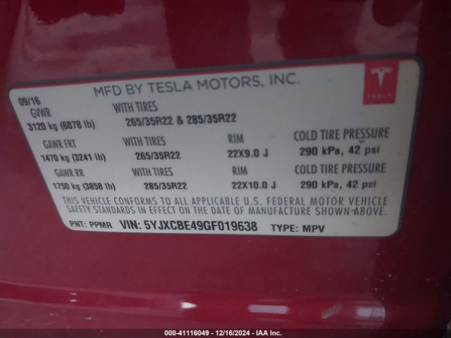 Photo 8 VIN: 5YJXCBE49GF019638 - TESLA MODEL X 