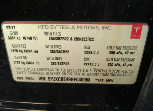 Photo 8 VIN: 5YJXCBE49HF040958 - TESLA MODEL X 