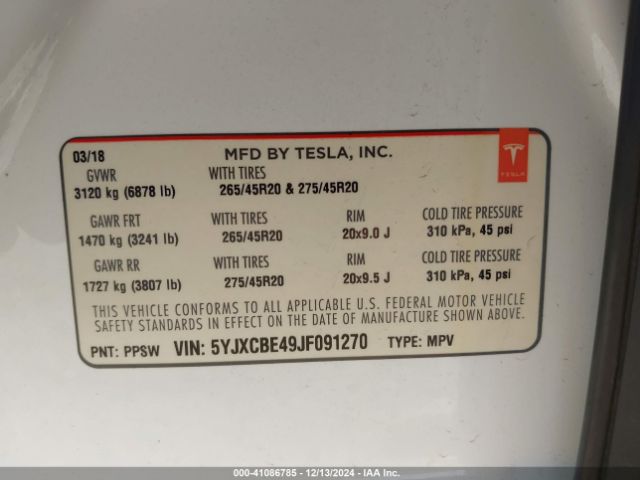 Photo 8 VIN: 5YJXCBE49JF091270 - TESLA MODEL X 