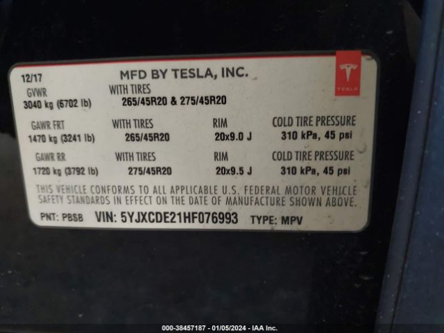 Photo 8 VIN: 5YJXCDE21HF076993 - TESLA MODEL X 