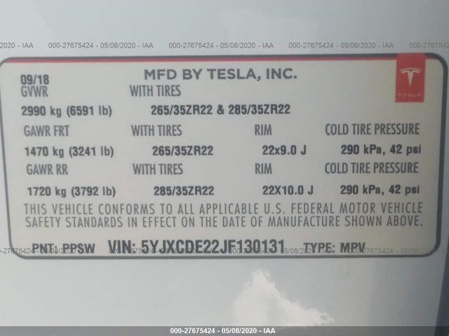 Photo 8 VIN: 5YJXCDE22JF130131 - TESLA MODEL X 