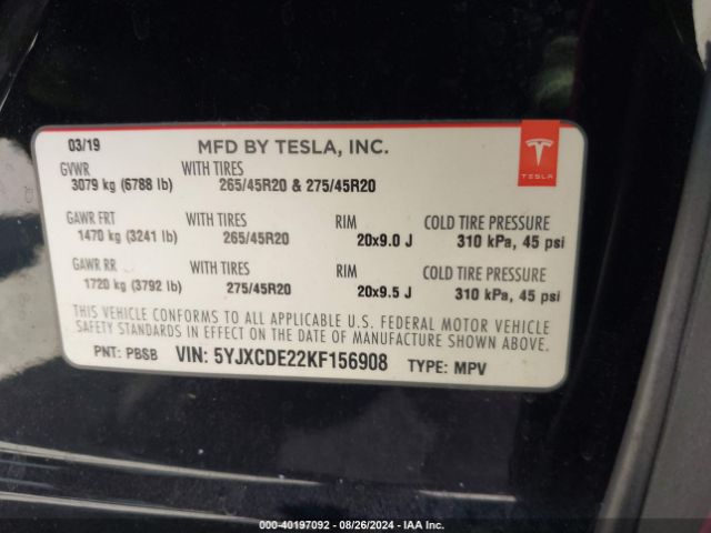 Photo 8 VIN: 5YJXCDE22KF156908 - TESLA MODEL X 