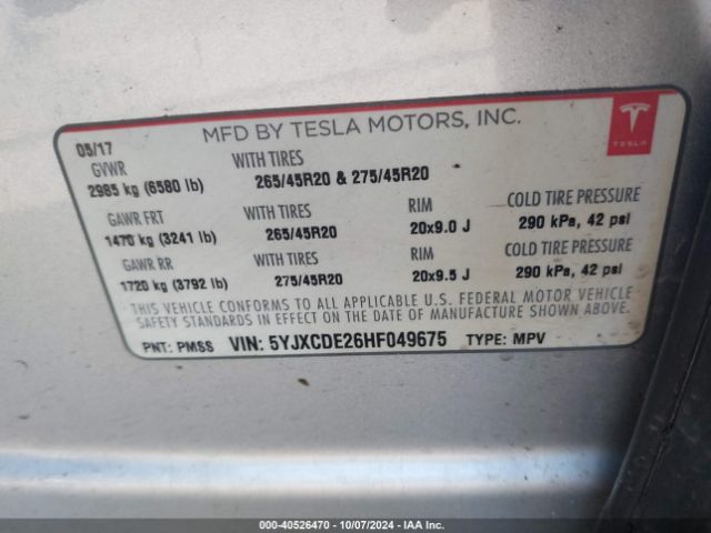 Photo 8 VIN: 5YJXCDE26HF049675 - TESLA MODEL X 