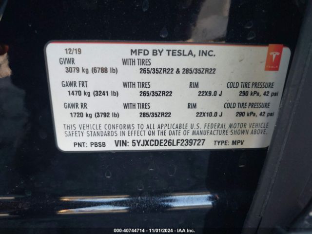 Photo 8 VIN: 5YJXCDE26LF239727 - TESLA MODEL X 