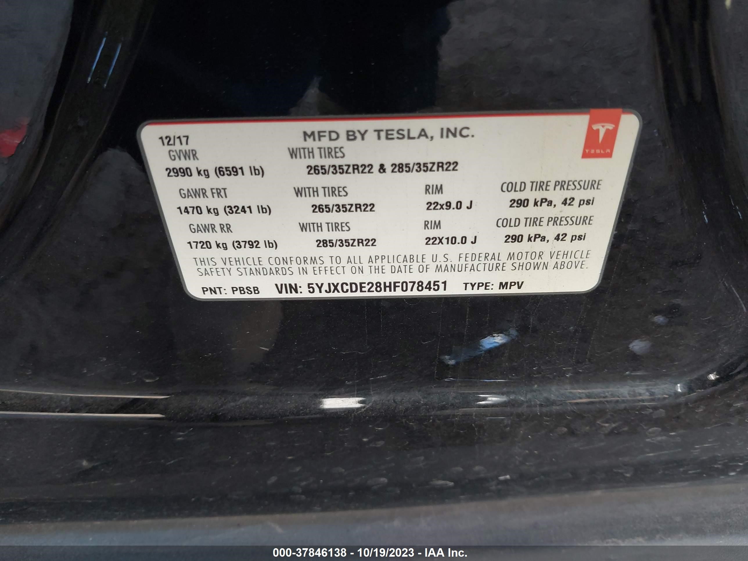 Photo 8 VIN: 5YJXCDE28HF078451 - TESLA MODEL X 