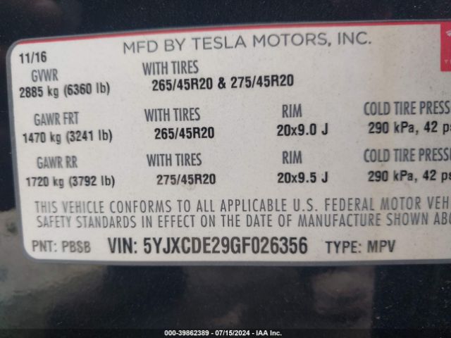 Photo 8 VIN: 5YJXCDE29GF026356 - TESLA MODEL X 