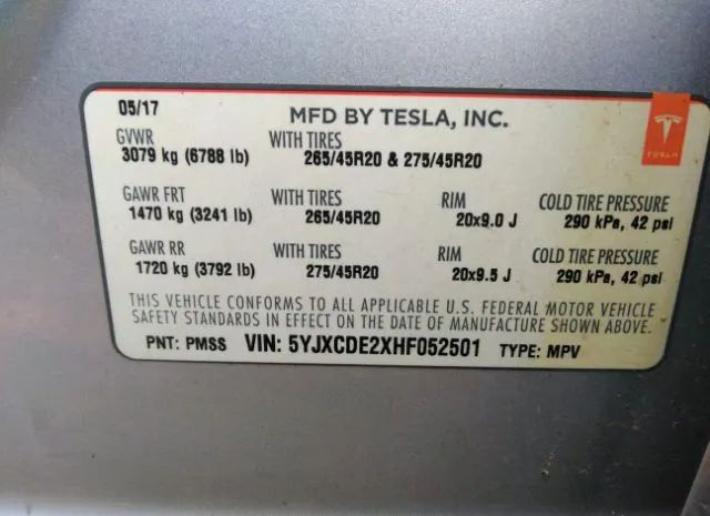 Photo 8 VIN: 5YJXCDE2XHF052501 - TESLA MODEL X 