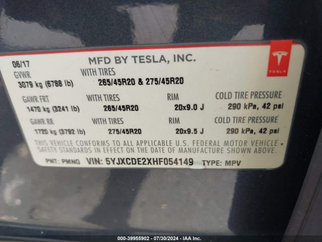 Photo 8 VIN: 5YJXCDE2XHF054149 - TESLA MODEL X 