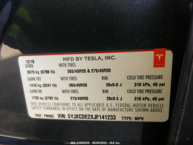 Photo 8 VIN: 5YJXCDE2XJF141233 - TESLA MODEL X 