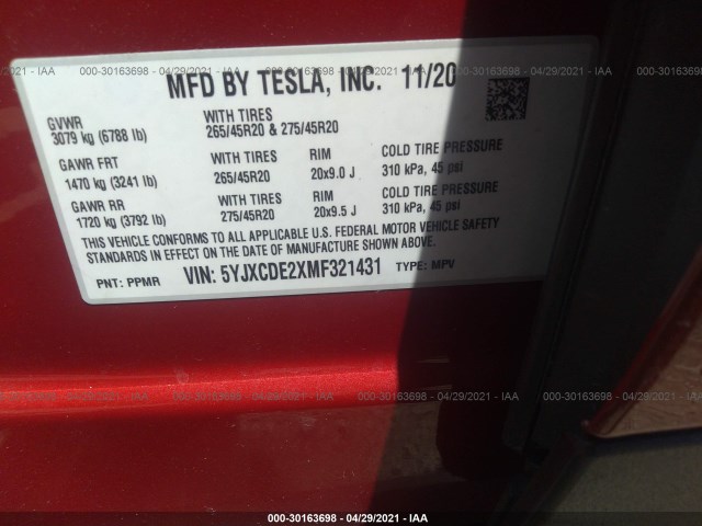 Photo 8 VIN: 5YJXCDE2XMF321431 - TESLA MODEL X 