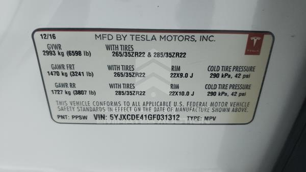 Photo 3 VIN: 5YJXCDE41GF031312 - TESLA MODEL X 