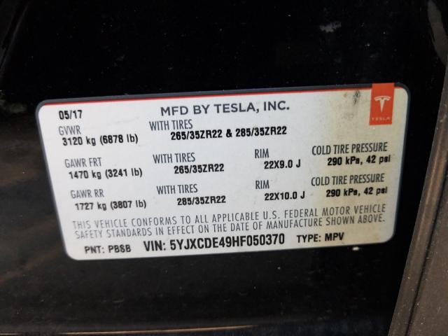 Photo 9 VIN: 5YJXCDE49HF050370 - TESLA MODEL X 