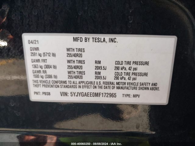 Photo 8 VIN: 5YJYGAEE0MF172965 - TESLA MODEL Y 