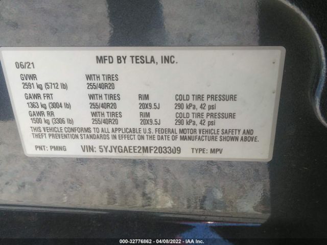 Photo 8 VIN: 5YJYGAEE2MF203309 - TESLA MODEL Y 