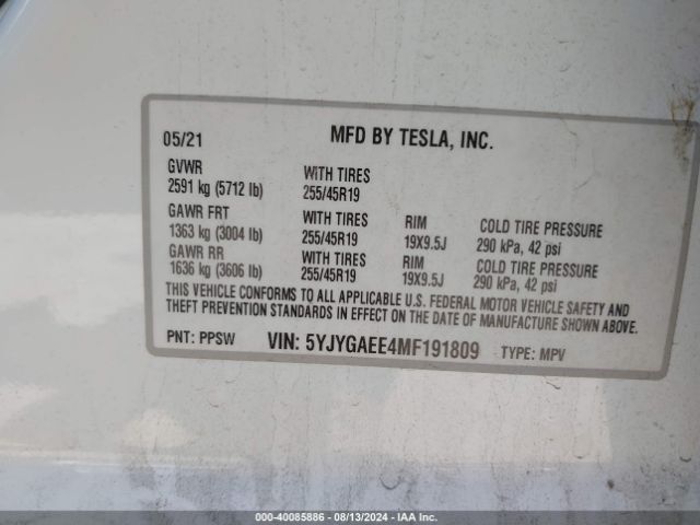 Photo 8 VIN: 5YJYGAEE4MF191809 - TESLA MODEL Y 