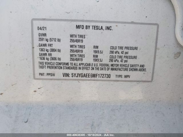 Photo 8 VIN: 5YJYGAEE6MF172730 - TESLA MODEL Y 