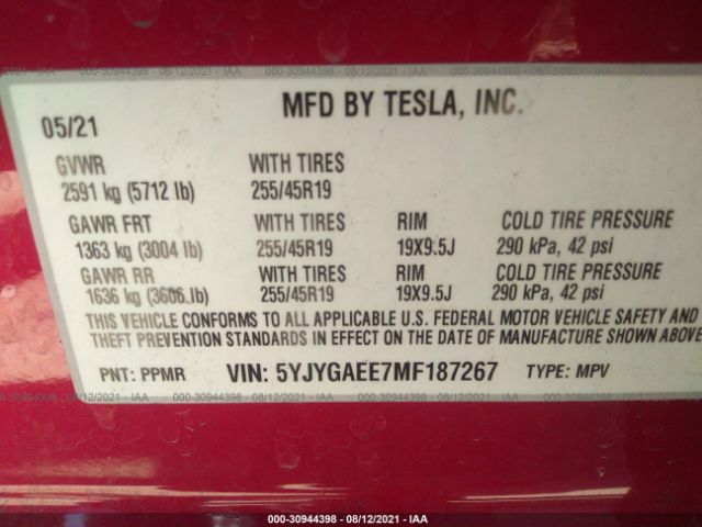 Photo 8 VIN: 5YJYGAEE7MF187267 - TESLA MODEL Y 