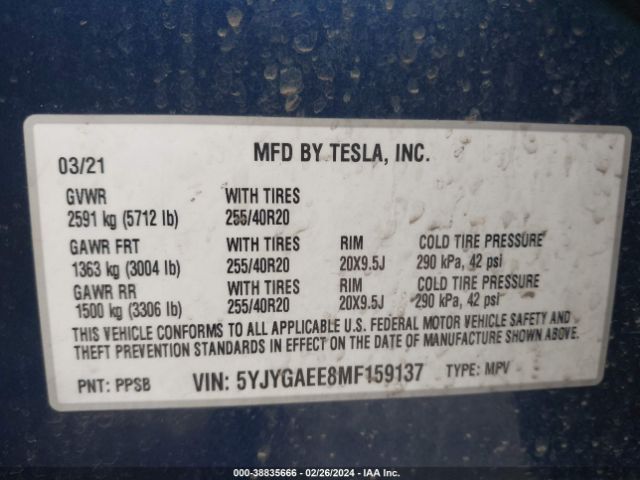 Photo 8 VIN: 5YJYGAEE8MF159137 - TESLA MODEL Y 