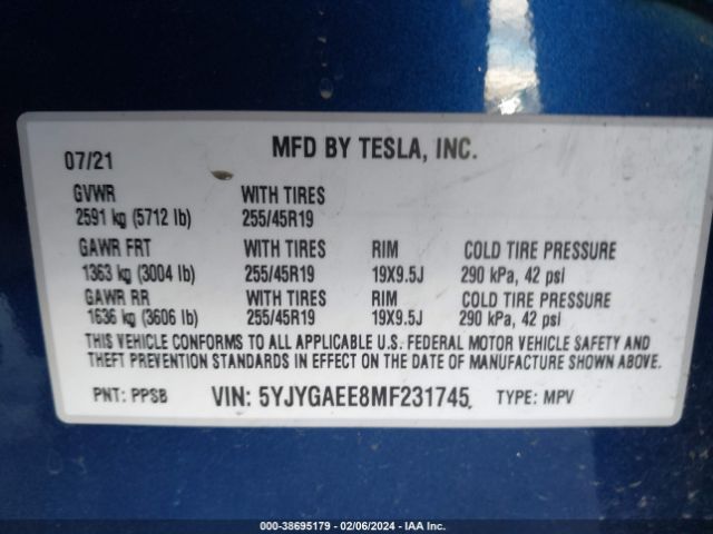 Photo 8 VIN: 5YJYGAEE8MF231745 - TESLA MODEL Y 