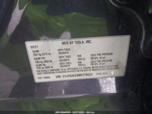 Photo 8 VIN: 5YJYGAEE8MF276524 - TESLA MODEL Y 