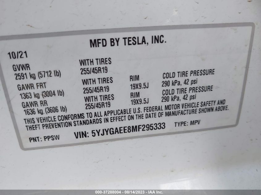 Photo 8 VIN: 5YJYGAEE8MF295333 - TESLA MODEL Y 