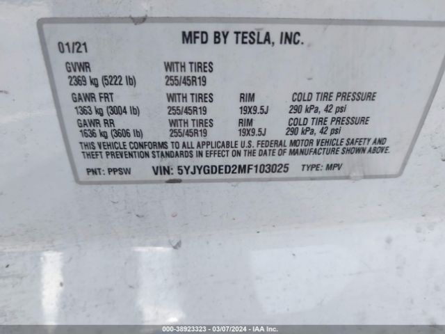 Photo 8 VIN: 5YJYGDED2MF103025 - TESLA MODEL Y 