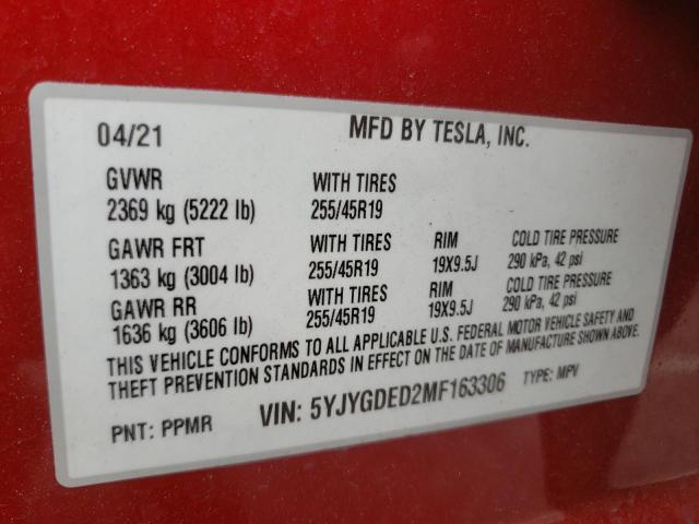 Photo 9 VIN: 5YJYGDED2MF163306 - TESLA MODEL Y 