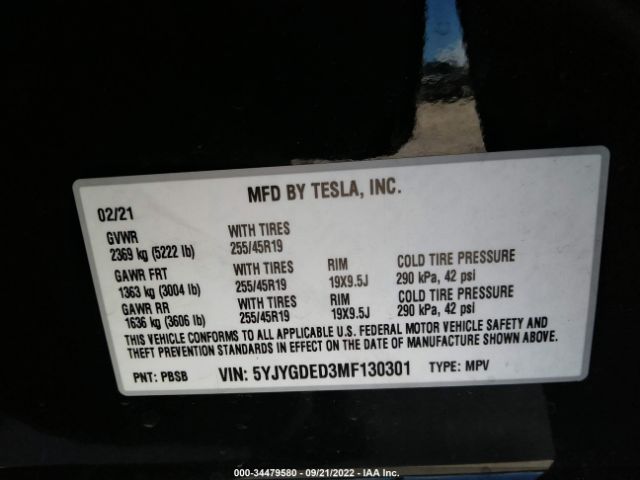 Photo 8 VIN: 5YJYGDED3MF130301 - TESLA MODEL Y 