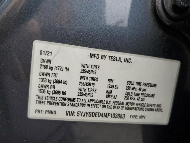 Photo 12 VIN: 5YJYGDED4MF103883 - TESLA MODEL Y 