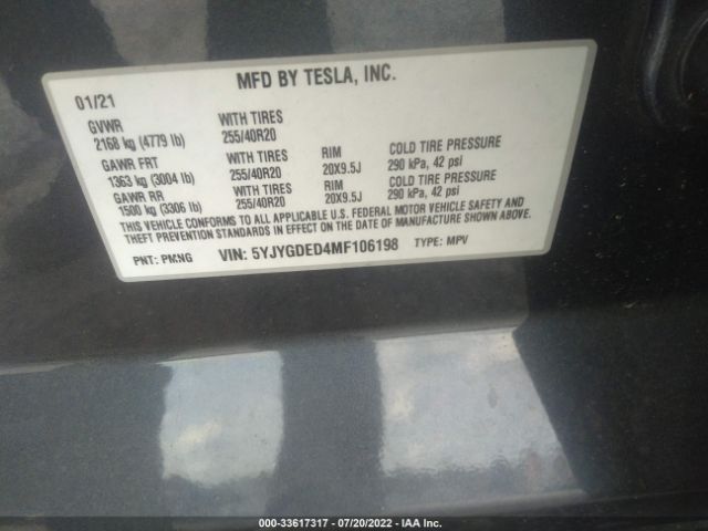 Photo 8 VIN: 5YJYGDED4MF106198 - TESLA MODEL Y 