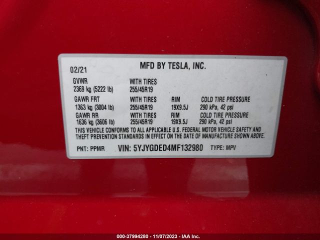 Photo 8 VIN: 5YJYGDED4MF132980 - TESLA MODEL Y 