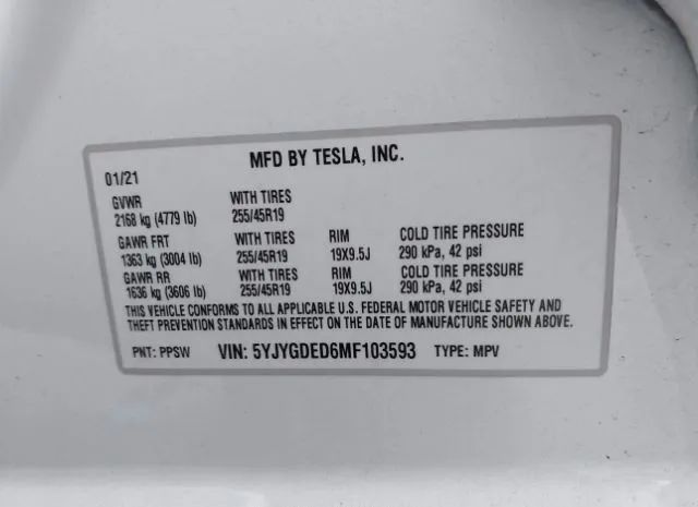 Photo 8 VIN: 5YJYGDED6MF103593 - TESLA MODEL Y 