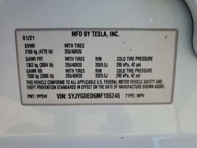 Photo 12 VIN: 5YJYGDED6MF105246 - TESLA MODEL Y 