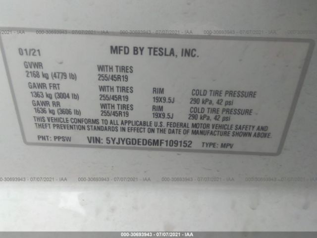 Photo 8 VIN: 5YJYGDED6MF109152 - TESLA MODEL Y 