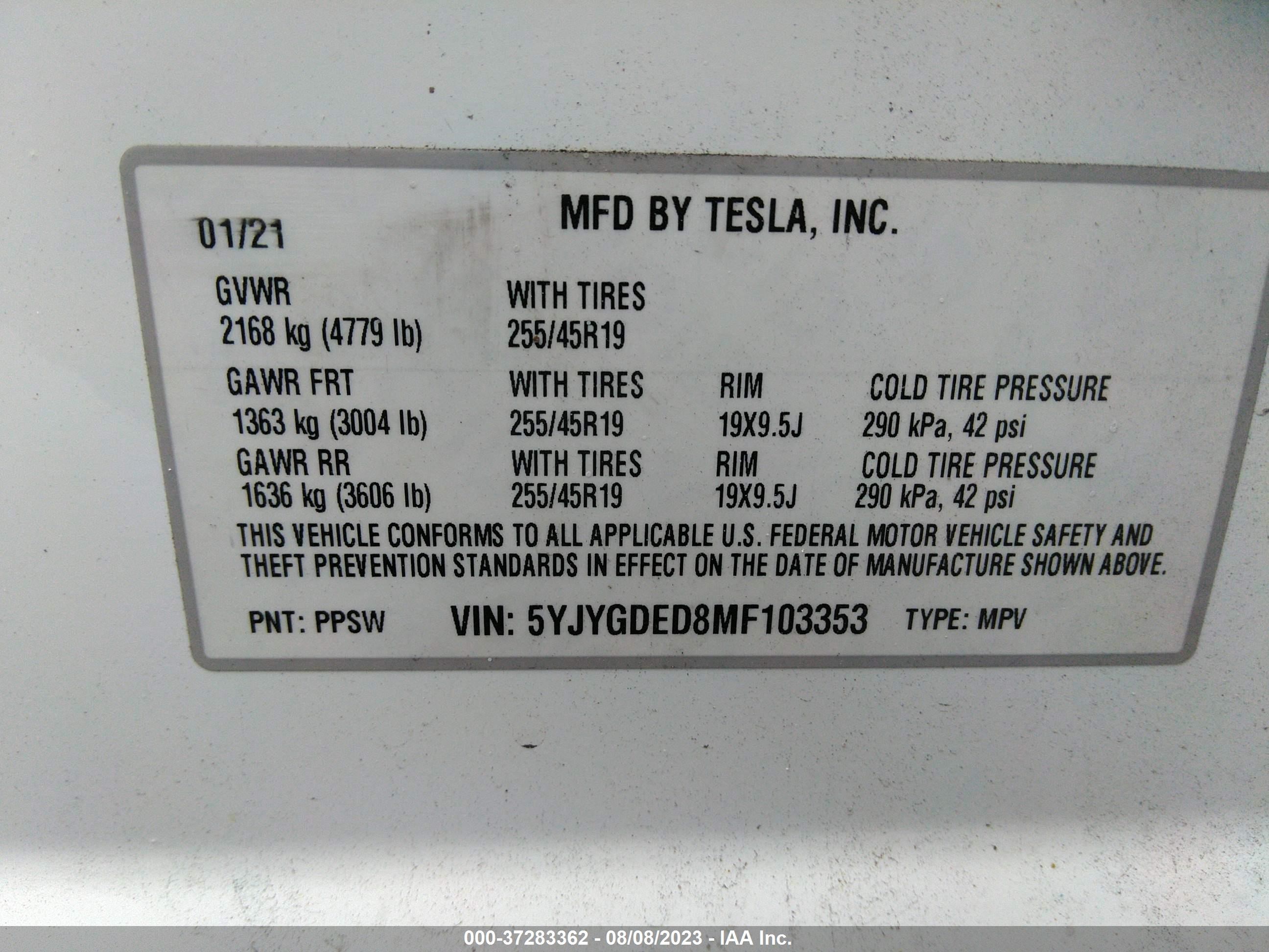 Photo 8 VIN: 5YJYGDED8MF103353 - TESLA MODEL Y 