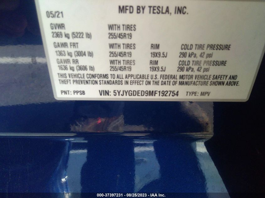 Photo 8 VIN: 5YJYGDED9MF192754 - TESLA MODEL Y 