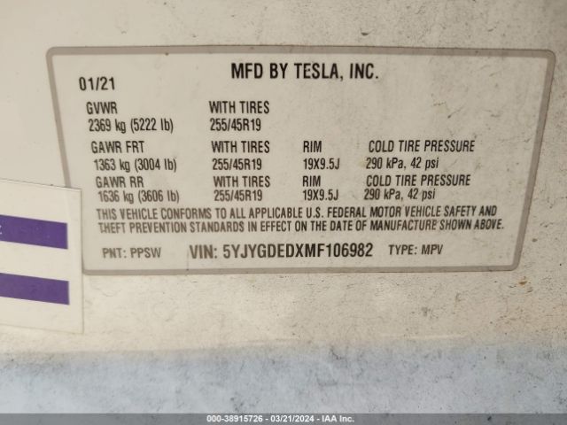 Photo 8 VIN: 5YJYGDEDXMF106982 - TESLA MODEL Y 