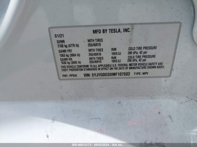 Photo 8 VIN: 5YJYGDEDXMF107503 - TESLA MODEL Y 