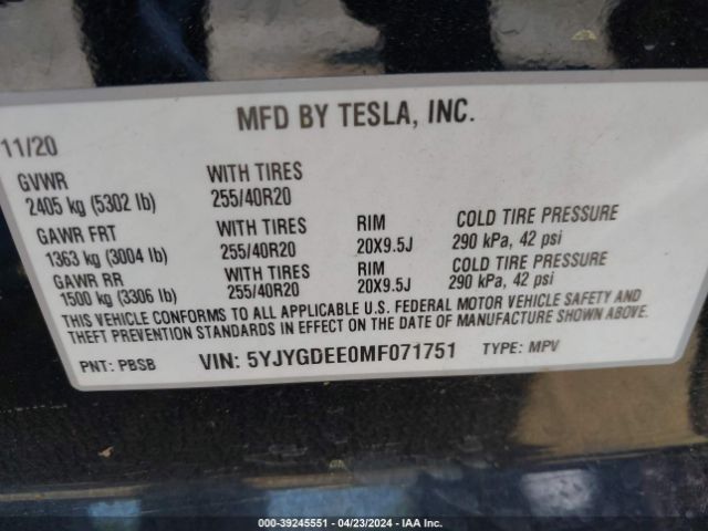 Photo 8 VIN: 5YJYGDEE0MF071751 - TESLA MODEL Y 