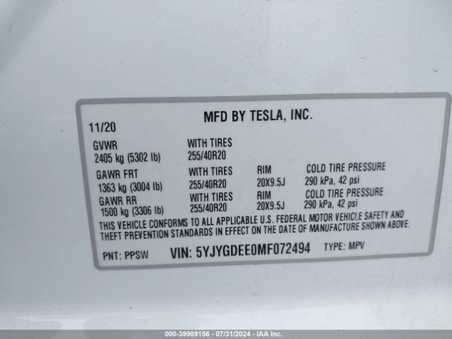 Photo 8 VIN: 5YJYGDEE0MF072494 - TESLA MODEL Y 