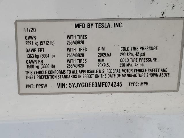 Photo 9 VIN: 5YJYGDEE0MF074245 - TESLA MODEL Y 