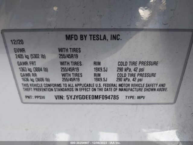 Photo 8 VIN: 5YJYGDEE0MF094785 - TESLA MODEL Y 