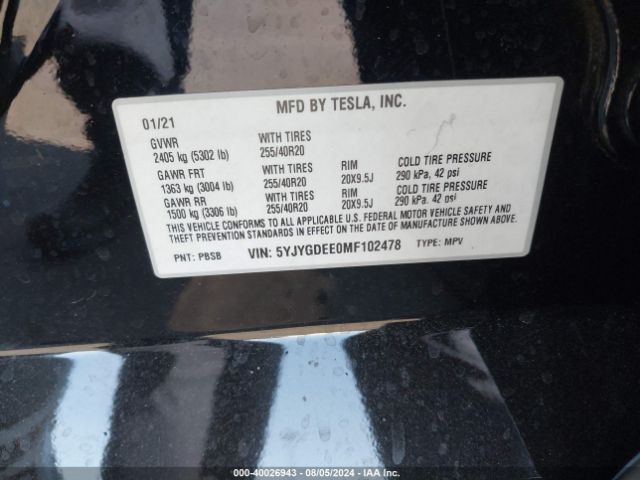 Photo 8 VIN: 5YJYGDEE0MF102478 - TESLA MODEL Y 