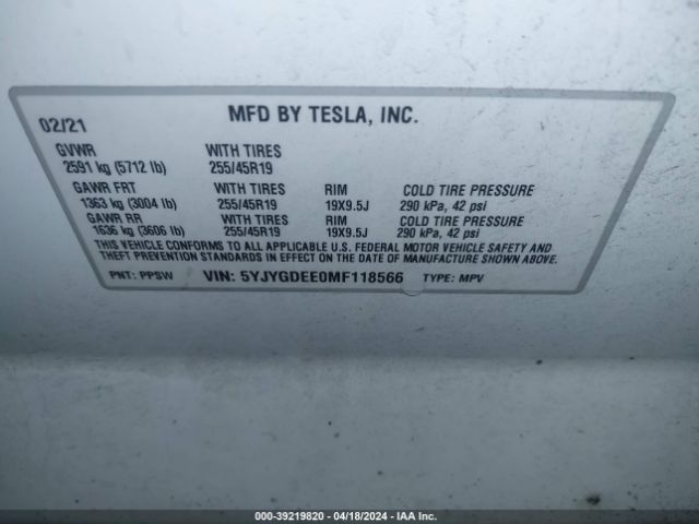 Photo 8 VIN: 5YJYGDEE0MF118566 - TESLA MODEL Y 