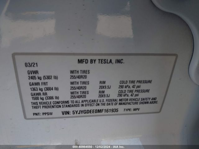 Photo 8 VIN: 5YJYGDEE0MF161935 - TESLA MODEL Y 