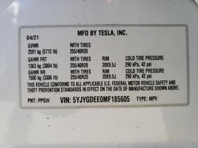 Photo 12 VIN: 5YJYGDEE0MF185605 - TESLA MODEL Y 