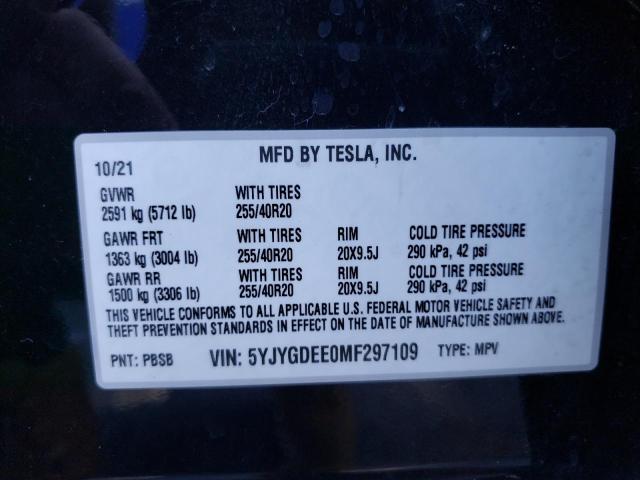 Photo 9 VIN: 5YJYGDEE0MF297109 - TESLA MODEL Y 