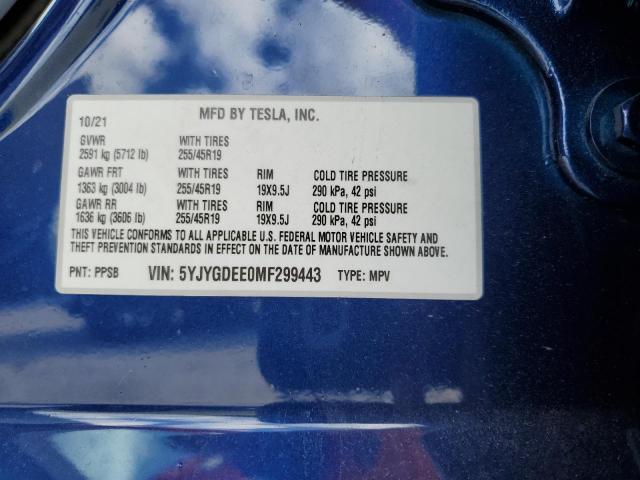 Photo 12 VIN: 5YJYGDEE0MF299443 - TESLA MODEL Y 